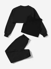 SHEIN Bộ hai mảnh Gái Dây kéo Túi Slogan Giải trí - màu đen - Xem 2