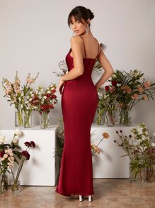 SHEIN Belle 垂墜露背吊帶裙伴娘連衣裙 - 酒紅色 - 查看 2
