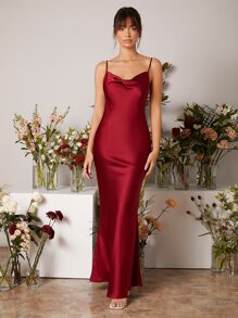 SHEIN Belle 垂墜露背吊帶裙伴娘連衣裙 - 酒紅色 - 查看 3