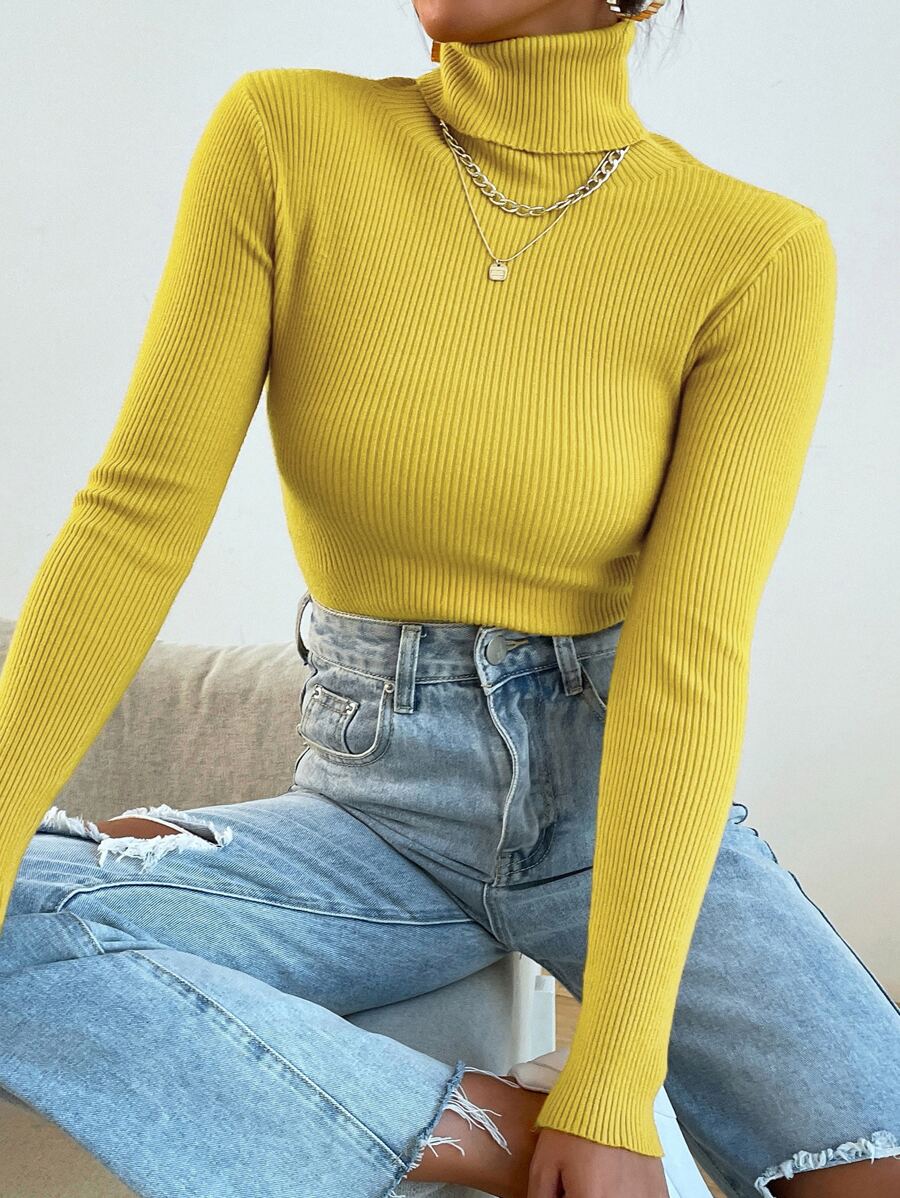 Mulvari Turtleneck Ribbed Knit Jumper Without Necklace - Yellow - View 1