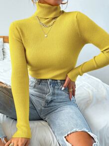 Mulvari Turtleneck Ribbed Knit Jumper Without Necklace - Yellow - View 3