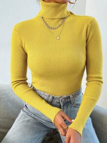 Mulvari Turtleneck Ribbed Knit Jumper Without Necklace - Yellow - View 5