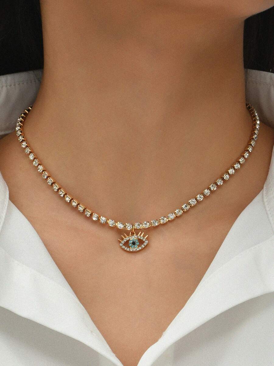 水鑽眼睛墜飾項鍊 - 金黃色 - 查看 1
