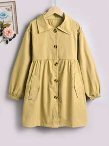 Niñas Gabardina de manga raglán ribete fruncido - Caqui - Ver 1