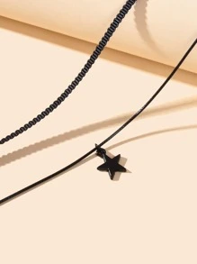 星星吊墜多層頸鏈 - 黑色 - 查看 3