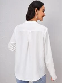 SHEIN Clasi Blusa con cuello con muesca y mangas enrollables, blusas de manga larga - Blanco - Ver 2
