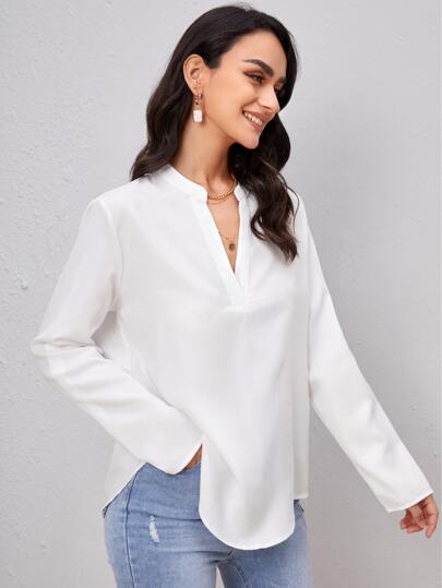 SHEIN Clasi Roll Tab Sleeve Notched Neck Blouse,Long Sleeve Tops