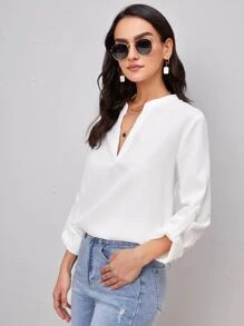 SHEIN Clasi Blusa con cuello con muesca y mangas enrollables, blusas de manga larga - Blanco - Ver 6
