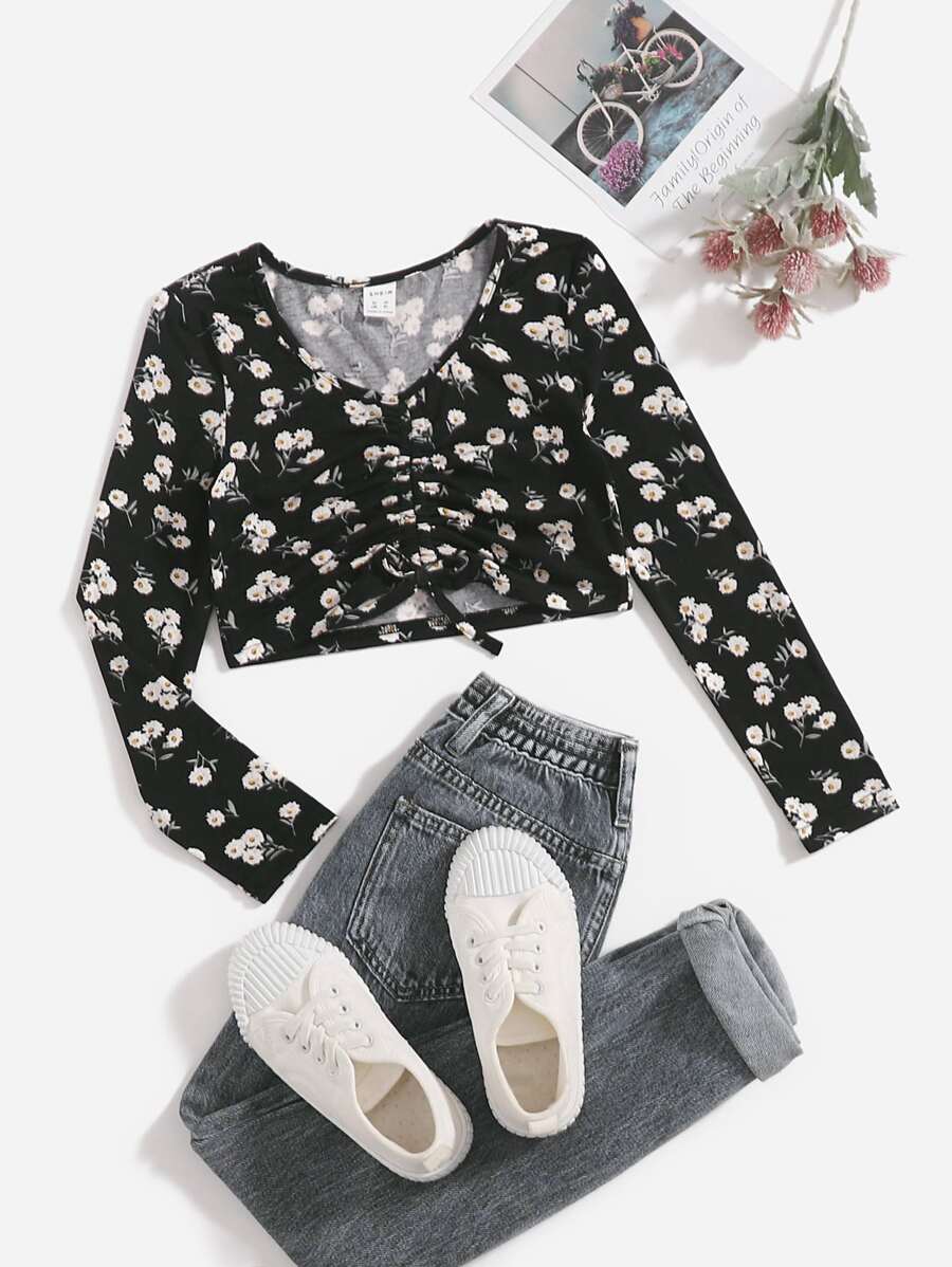 SHEIN Tops con gái Dây kéo Xù Hoa Giải trí - Nhiều màu - Xem 1