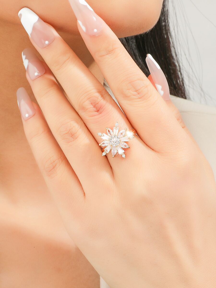 方晶鋯石花朵裝飾戒指 - 金黃色 - 查看 1