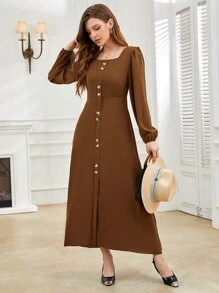 Mulvari Lantern Sleeve Square Neck Fake Button Dress - Coffee Brown - View 1