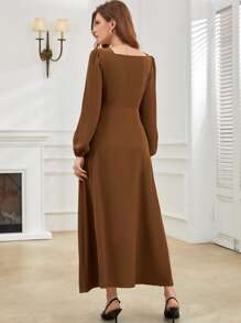 Mulvari Lantern Sleeve Square Neck Fake Button Dress - Coffee Brown - View 2