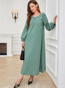 Mulvari 素色前紐扣燈籠袖連衣裙 - 薄荷綠 - 查看 1