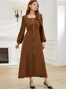 Mulvari Lantern Sleeve Square Neck Fake Button Dress - Coffee Brown - View 3