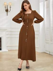 Mulvari Lantern Sleeve Square Neck Fake Button Dress - Coffee Brown - View 4