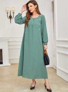 Mulvari 素色前紐扣燈籠袖連衣裙 - 薄荷綠 - 查看 4