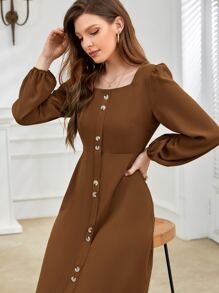 Mulvari Lantern Sleeve Square Neck Fake Button Dress - Coffee Brown - View 6
