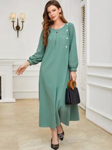 Mulvari 素色前紐扣燈籠袖連衣裙 - 薄荷綠 - 查看 5