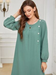Mulvari 素色前紐扣燈籠袖連衣裙 - 薄荷綠 - 查看 7
