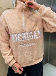 Letter Embroidery Drop Shoulder Half Zip Teddy Sweatshirt - Apricot - View 1