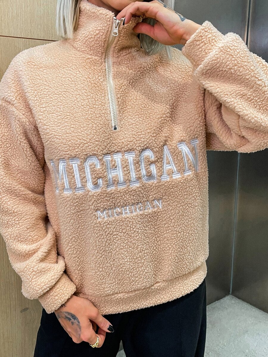 Letter Embroidery Drop Shoulder Half Zip Teddy Sweatshirt - Apricot - View 1