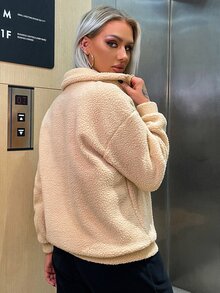 Letter Embroidery Drop Shoulder Half Zip Teddy Sweatshirt - Apricot - View 2