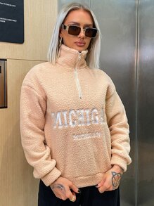 Letter Embroidery Drop Shoulder Half Zip Teddy Sweatshirt - Apricot - View 3