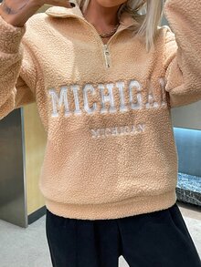 Letter Embroidery Drop Shoulder Half Zip Teddy Sweatshirt - Apricot - View 5