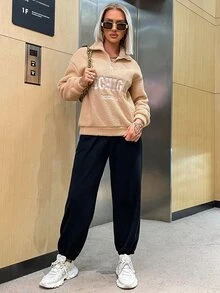 Letter Embroidery Drop Shoulder Half Zip Teddy Sweatshirt - Apricot - View 6