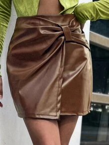 側收褶PU皮革半身裙 - 摩卡棕 - 查看 1