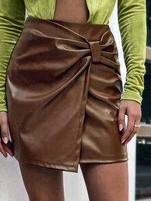 側收褶PU皮革半身裙 - 摩卡棕 - 查看 3
