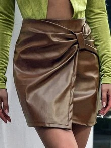 側收褶PU皮革半身裙 - 摩卡棕 - 查看 5