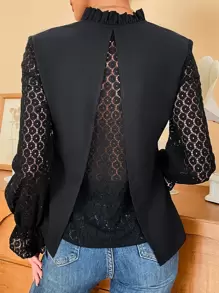 SHEIN Frenchy Contrast Lace Flounce Sleeve Frilled Neck  Bridgerton Blouse - Black - View 1