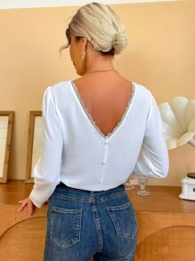 SHEIN Frenchy Guipure Lace Trim Fake Button Blouse Summer Elegant White - White - View 5