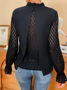 SHEIN Frenchy Contrast Lace Flounce Sleeve Frilled Neck  Bridgerton Blouse - Black - View 5