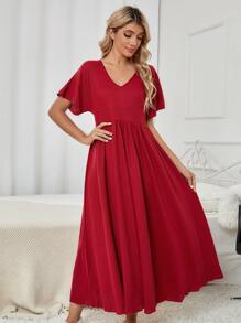SHEIN V領蝴蝶袖休閒服連衣裙 - 紅色 - 查看 1