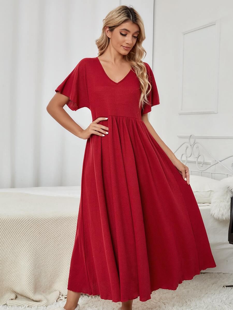 SHEIN V領蝴蝶袖休閒服連衣裙 - 紅色 - 查看 1