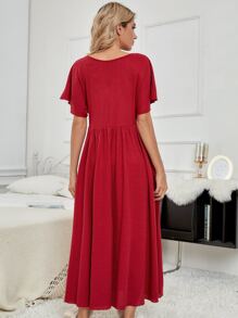 SHEIN V領蝴蝶袖休閒服連衣裙 - 紅色 - 查看 2