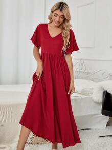 SHEIN V領蝴蝶袖休閒服連衣裙 - 紅色 - 查看 3