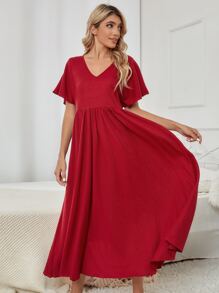 SHEIN V領蝴蝶袖休閒服連衣裙 - 紅色 - 查看 4