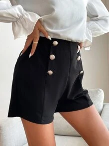 SHEIN Frenchy High Waist Fake Button Shorts Summer Elegant Black - Black - View 3