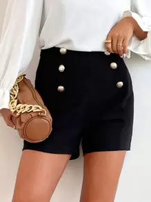 SHEIN Frenchy High Waist Fake Button Shorts Summer Elegant Black - Black - View 4