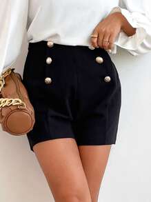 SHEIN Frenchy High Waist Fake Button Shorts Summer Elegant Black - Black - View 5
