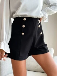SHEIN Frenchy High Waist Fake Button Shorts Summer Elegant Black - Black - View 6