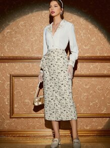 Modelyn High Waist Floral Print Split Back Wrap Hem Skirt