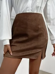 SHEIN Privé High Waist Solid Split Hem Suedette Skirt - Coffee Brown - View 1