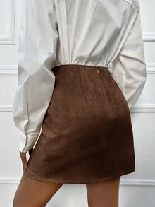 SHEIN Privé High Waist Solid Split Hem Suedette Skirt - Coffee Brown - View 2