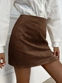 SHEIN Privé High Waist Solid Split Hem Suedette Skirt - Coffee Brown - View 3