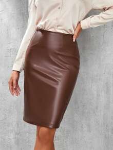 SHEIN Tall Váy nữ Dây kéo màu trơn Thanh lịch - Cà phê nâu - Xem 3