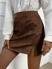SHEIN Privé High Waist Solid Split Hem Suedette Skirt - Coffee Brown - View 4